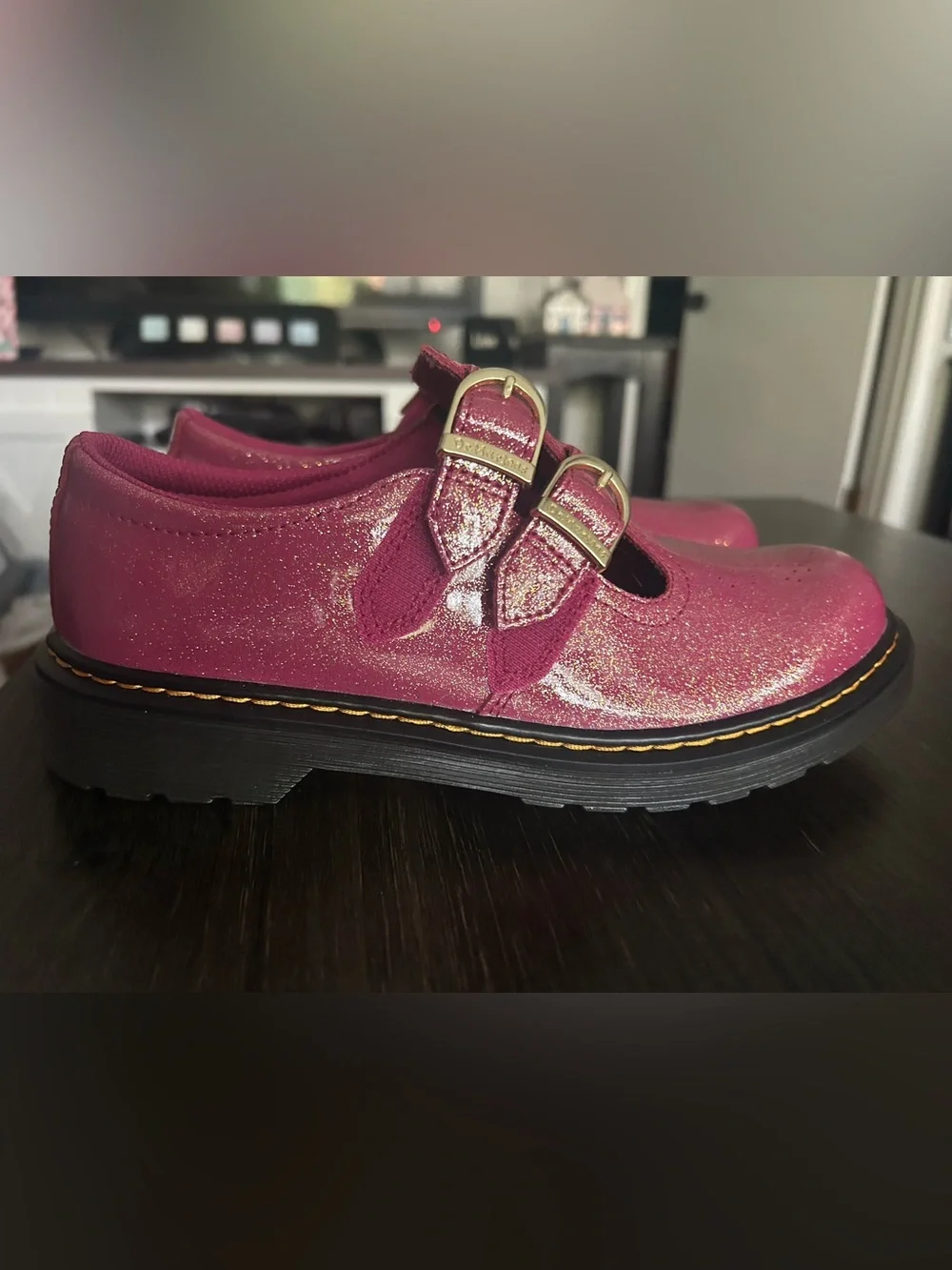 Dr. Martens Women’s 8065 Mary Jane Double Buckle Shoes in Fuchsia Glitter Finish